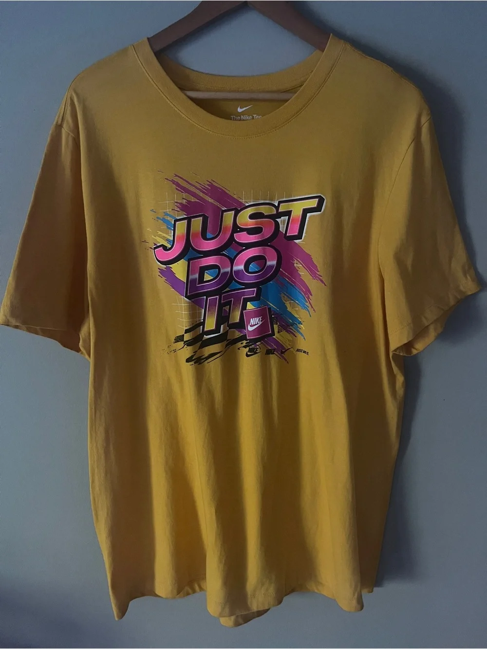 Nike Yellow Short Sleeve Tee with Multicolor 'Just Do It' Graphic